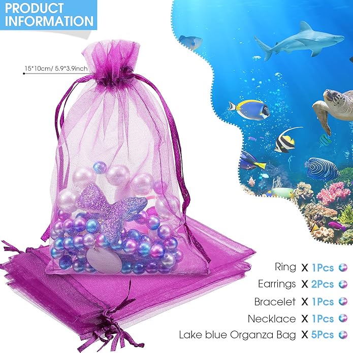 Jadive Mermaid Jewelry for Girls, Kids Mermaid Necklace Bracelet Ring Earrings Set Jewelry Gifts for Kids Toddler Pretend Play Christmas Dress up Party Decorations