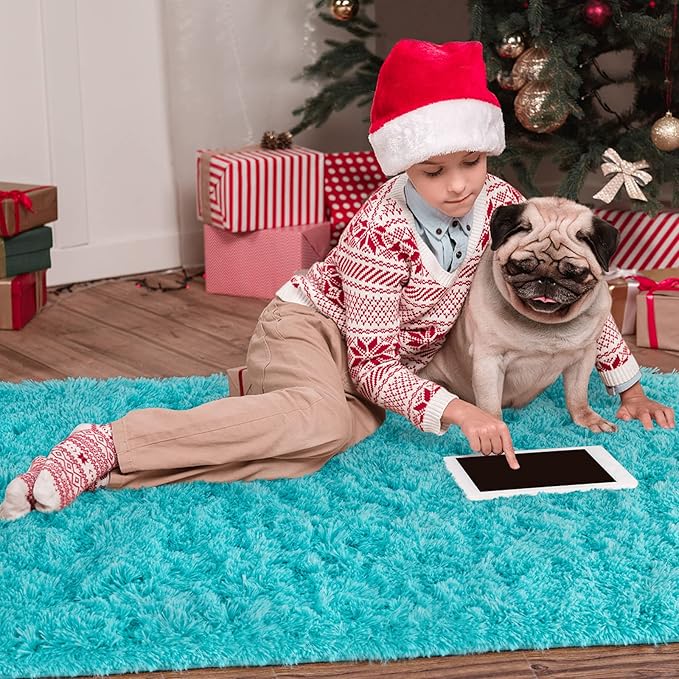 Noahas Ultra Soft Fluffy Bedroom Rugs Kids Room Carpet Modern Shaggy Area Rugs Home Decor 2.6' X 5.3', Teal Blue