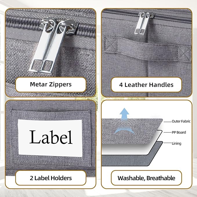 Yawinhe Underbed Bags, Storage Containers Bags with Lid, Foldable Blanket Bins, with Sturdy Zipper und Label Holders, for Clothing, 23.6''Lx11.8''Wx6''H, 2 Pack, Grey