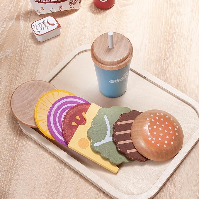 25pcs Wooden Fast Food Set Play Kitchen Accessories, Toddler Pretend Play Toy Food Hamburger Stacking Toy Playset with Fries, Kids Play Food Toy Kitchen Set Boys and Girls Birthday Gift