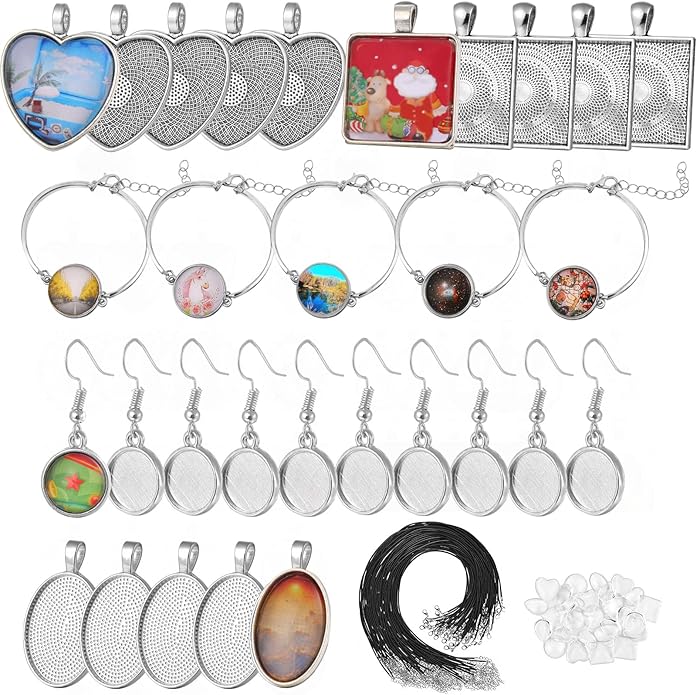 Bezel Pendant Trays Gold and Sliver, Rhinestone Bezel Pendants Trays for DIY Jewelry Craft Making, Picture Necklace Pendant Trays with Clear Glass Cabochons and Chains