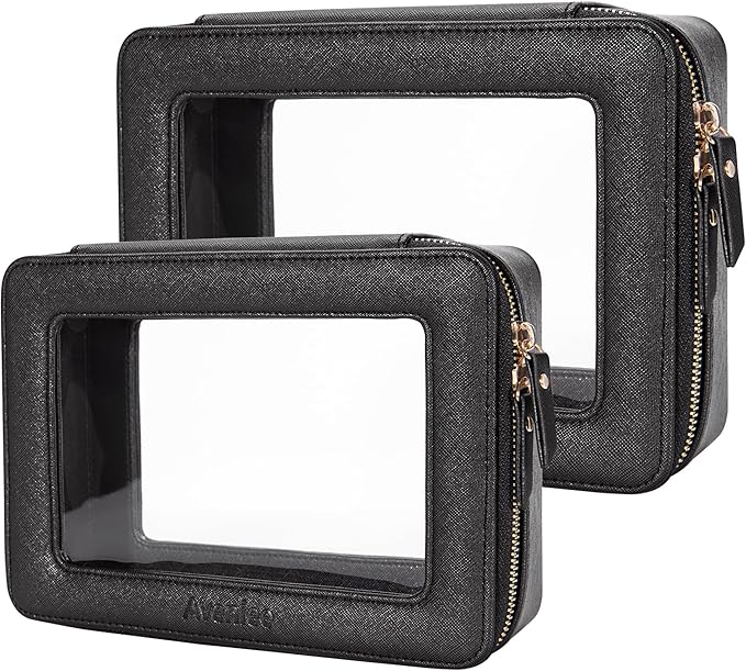 Aveniee Clear Makeup Bag Set,Portable Travel Toiletry Bag Cosmetic Case for Women,Vegan Leather Make Up Pouch Organizer Car Bag for Essentials 2pcs,Middle & Large,Black