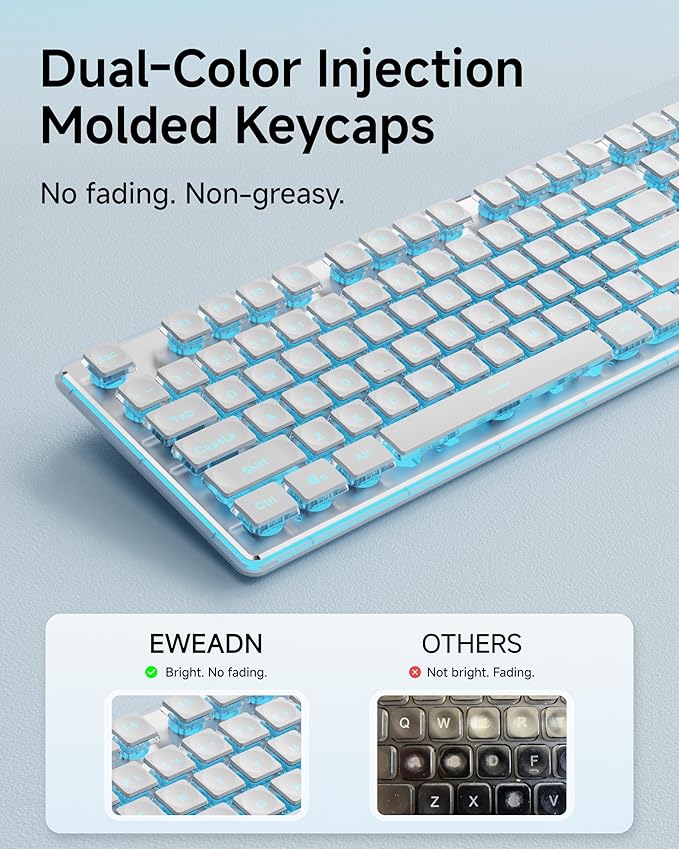 GX710S Backlit Computer Keyboards, Wired USB Keyboard with Blue Backlit, Metal Panel, Plug and Play, Pudding Keycaps Full Size Quite Computer Keyboard for Win/PC/Laptop-White