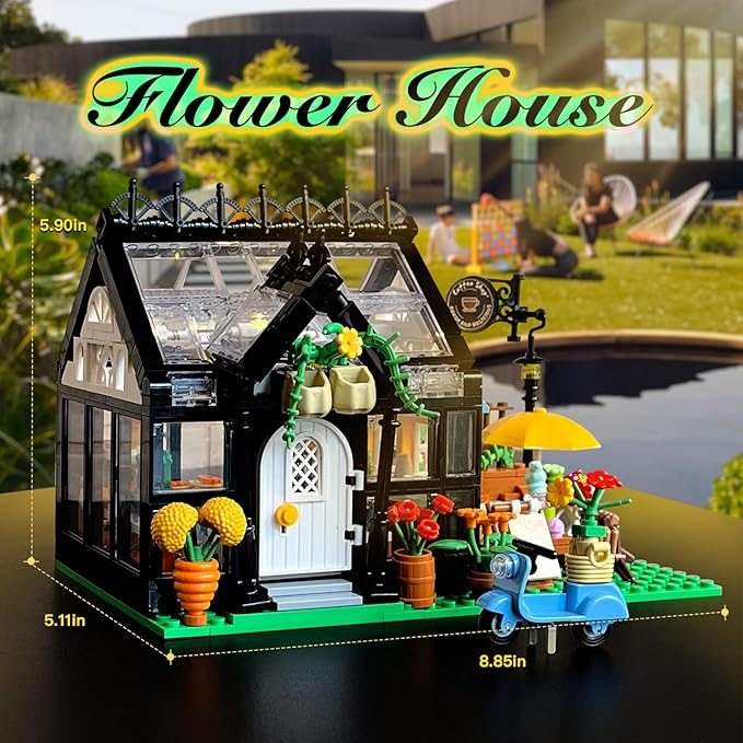 Flower Garden House Building Set with Led Lights,Greenhouse Model Playset City Street Flower Shop Building Blocks Kits for Adults Kids 8+ Present Black（475PCS ）