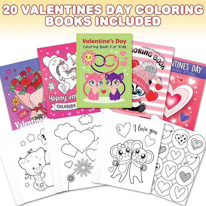 ArtCreativity 20 Packs / 5" X 7" Valentines Day Mini Coloring Books for Boys and Girls Children, 5 Designs Set for Classroom, Perfect for Creative Educational Art Home and Exchange Gifts for Toddlers