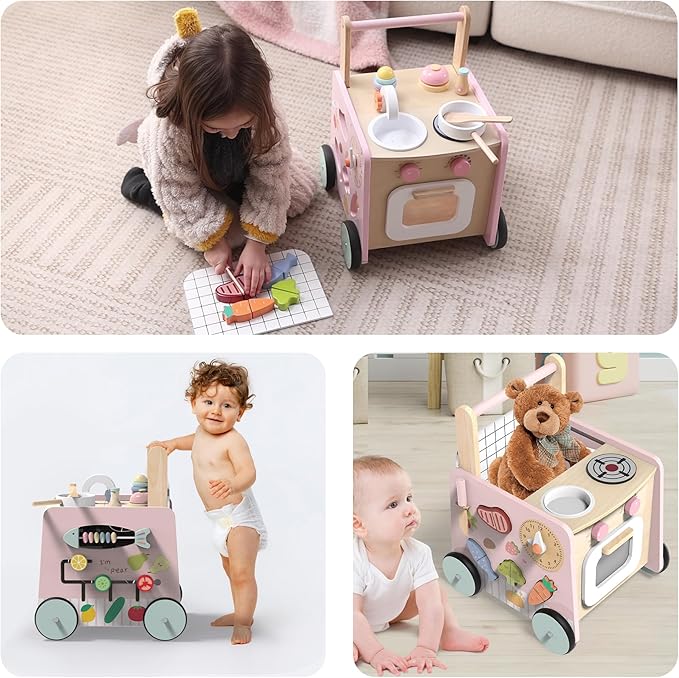Wooden Baby Walker 9-in-1 Activity Center with Toddlers Montessori Sensory Toys and Play Kitchen Push Walker for Kids with Wheels and Storage Space, Ideal Gift for Girls Boys Ages 6-36 Month