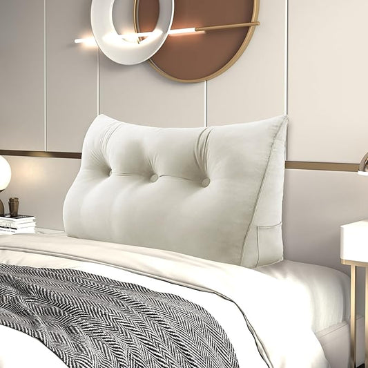 Headboard Wedge Pillow Large Bolster Reading Pillows for Sitting in Bed Adult,Velvet Triangular Cushion Backrest Lumbar Back Support Upholstered Daybed Sit Up Book Pillows(White,Twin)