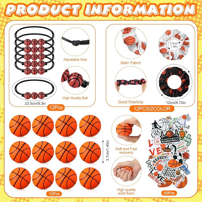 86 Pcs Basketball Party Favors, 50 Pcs Basketball Stickers, 12 Sports Stress Ball Mini Foam Basketball Ball, 12 Basketball Charm Bracelets 12 Basketball Scrunchie Sports Valentines Gifts Supplies