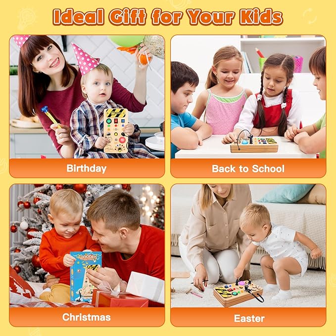 Busy Board with LED Light, Wooden Sensory Toys for Toddler, Montessori Music Toy for Airplane, Travel Activity Educational Learning Autism Toys, Birthday Boys Girls Gifts