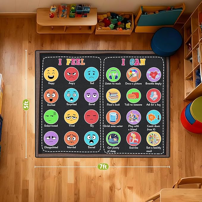 Classroom Rug Elementary 5x7ft for Playroom, Educational Smiley Face Kids Play Mat, Calming Corner Sensory Emotion Feelings Rug for Kidroom Nursery Bedroom, Non-Slip Washable(Black)
