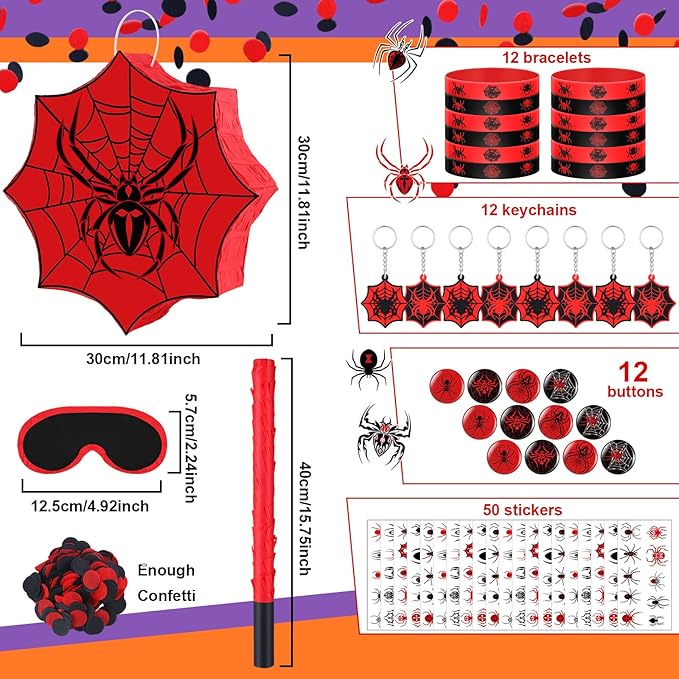 Leyndo 89 Pcs Spider Party Favors for Birthday, Includes Spider Piñata with Blindfold and Stick, 11.8"x11.8", 12 Keychains, 12 Wristbands, 12 Badges, 50 Stickers for Spider Birthday Party Decor