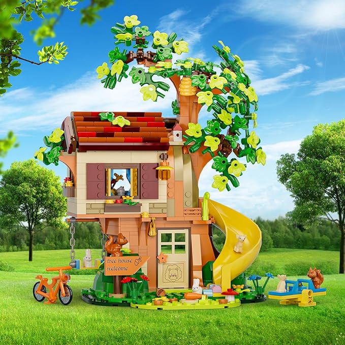Treehouse Building Blocks Set, Natural Eco Cozy Cottage Educational Toy, Tree House Architecture Sets with Animals, Slide, Swing, Seesaw, Bicycle, Gifts for Kids, Girls and Boys Ages 8 Plus