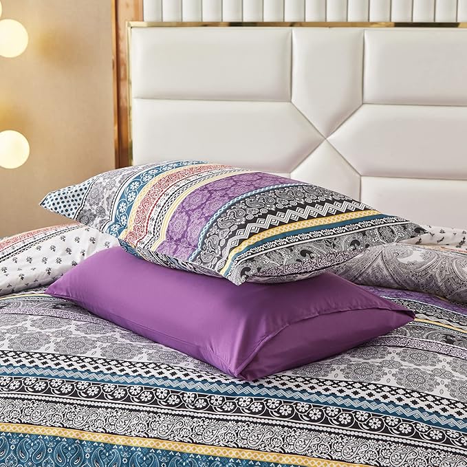 Cottolester Boho Comforter Set King Size 8 Piece Bed in a Bag Bohemian Striped Bedding Quilt Set Purple Paisley Floral Comforter and Sheet Set,Soft Microfiber Complete Bedding Sets for All Season