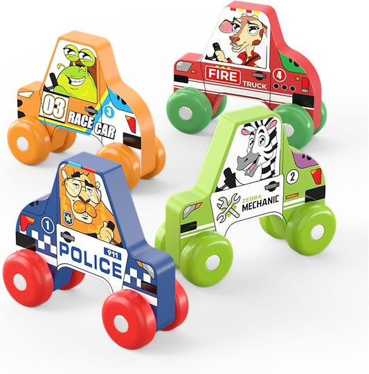 BEKILOLE 4 Wooden Race Cars Montessori Learning Toys for 6-12-18 Months Birthday Gift Travel Toy for 1 2 Year Old Boy Girl Infant Toddlers 8 9 10 Months Old with Tracing Flash Cards