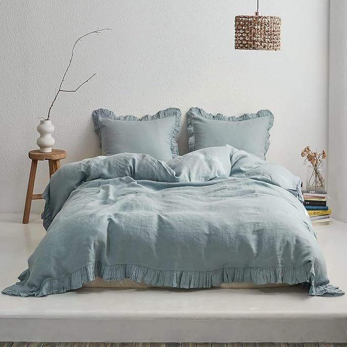 Simple&Opulence 100% Linen Duvet Cover Set, 3 PCS Natural French Flax Dusty Blue Ruffle Duvet Cover King Size, Breathable Comfy Linen Bedding Comforter Cover with 2 Pillowcases(Dusty Blue, 104" X 92")