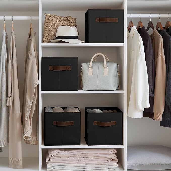 Cupic Cupid Storage Bins Closet, Fabric Closet Organizers and Storage, 6-Pack Baskets for Organizing, Large Storage Boxes with Handles for Clothes and Toys, Black