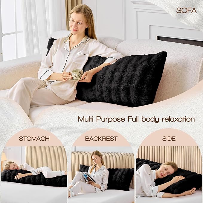 YZ HOME Faux Fur Fluffy Body Pillow for Adults - Firm Body Pillow Insert with Shredded Blue Memory Foam, Adjustable Height, Soft Support for Side Sleeping, Pregnant Women, Washable, 20x54 Inch (Black)