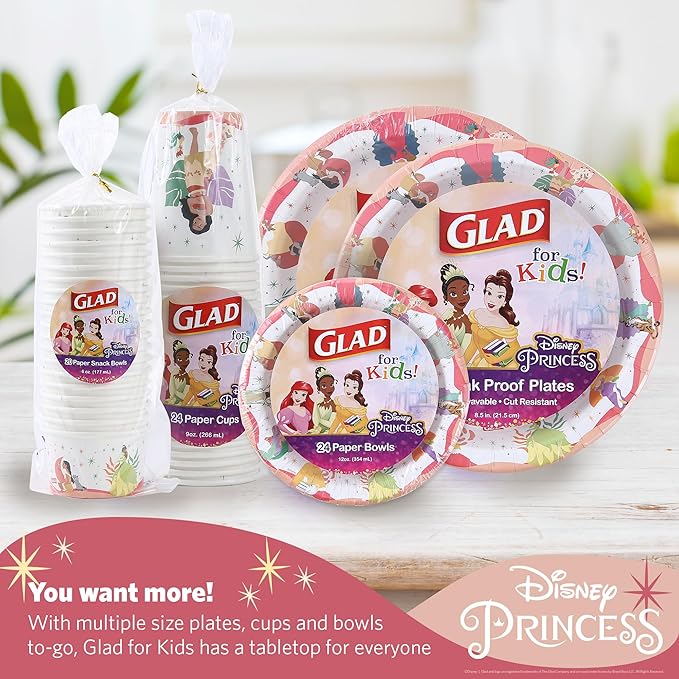 Glad for Kids Disney Princess 12oz Paper Snack Bowls - Magic is in All of Us - Durable, Soak Proof & Microwavable Disposable Bowls - 24ct bulk - Get the Matching Party Paper Plates & Party Cups