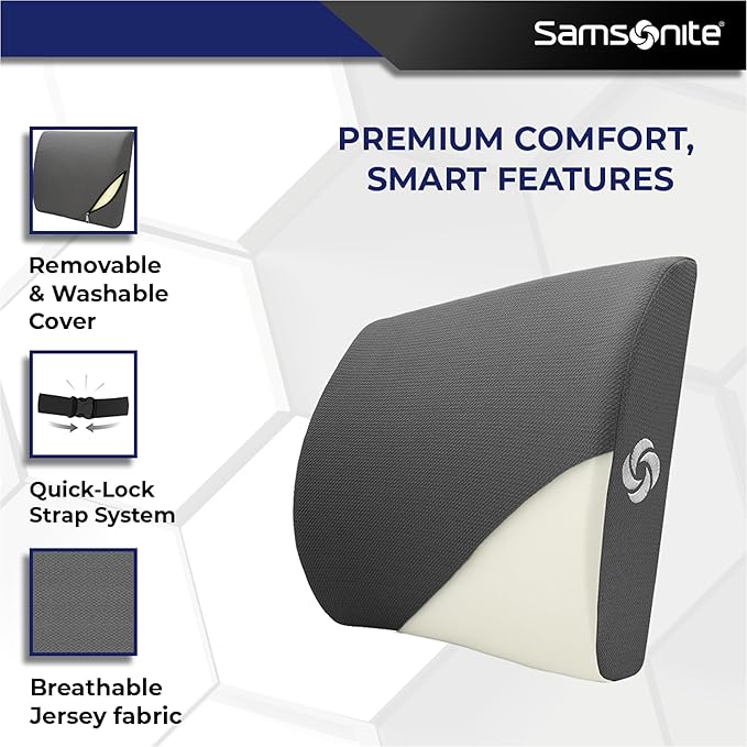 Samsonite Ergonomic Lumbar Support Pillow for Office Chair and Car Seat - Memory Foam Back Support Lumbar Pillow Premium Cushion Chair Support for Lower Back Pain Relief and Versatile Use (Charcoal)