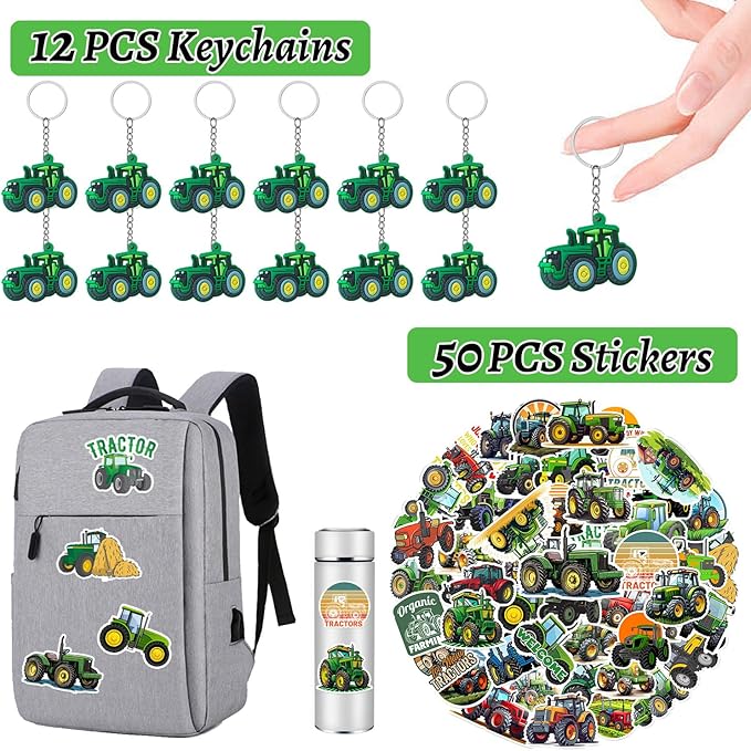 98 PCS Tractor Party Favors Tractor Theme Birthday Party Supplies Decorations Tractor Rubber Bracelet Tattoos Keychains Button Pin Tractor Stickers for Boys Girls Farm Tractor Birthday Theme Party