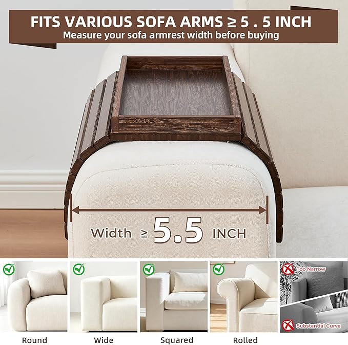Couch Arm Tray, Anti-Falling Bamboo Sofa Armrest Tray Table, Foldable & Portable Armrest Cup Holder Side Table for Drinks, Coffee, Phone, Snacks, Remote