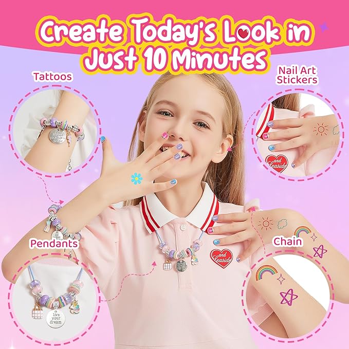 Kids Toys Bracelet Making Kit, Kid Make Up Kits for Kid Age 4-12 Jewelry Beads Toy Set, Preschool Toddler Girls Makeup Charms Set, Arts and Crafts for 4 5 6 7 8 9 10 11 12 Years Old Girl Birthday Gift
