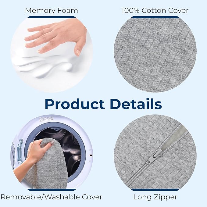 5 STARS UNITED Knee Pillow for Back Sleeping – Memory Foam Cushion for Sciatica Pain Relief – Under Leg Support for Sleeping on Back – Half Moon Bolster for Bed, Gray Cotton Cover