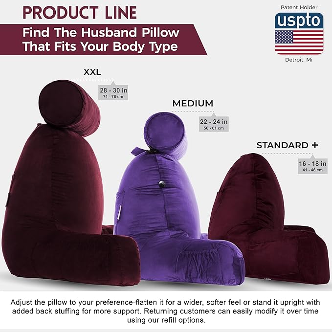 Husband Pillow Aspen Mauve Purple, Standard+ Reading Pillow Bed Rest Chair, Two-Sided Reversible Fabric, Large Lounge Cushion Adult Backrest with Arms, Comfy Back Support for Sit Sitting Up, Washable