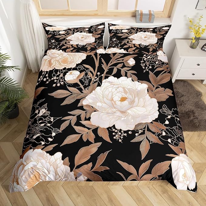 Feelyou Kids Adult Vintage Floral Bedding Set Queen Size，Black Duvet Cover Flower Gold Leaf Plant Pattern Comforter Cover Microfiber Bedspread Cover for Bedroom Decor,No Comforter