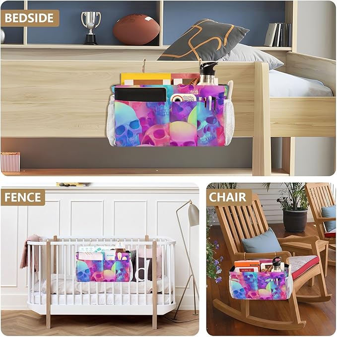 Gradient Multicolored Skulls Bedside Caddy for Dorm Bed Bedside Hanging Caddy Bag Iron Frame Storage Organizer Pocket for Bunk Home College Hospital Beds 2 Hooks