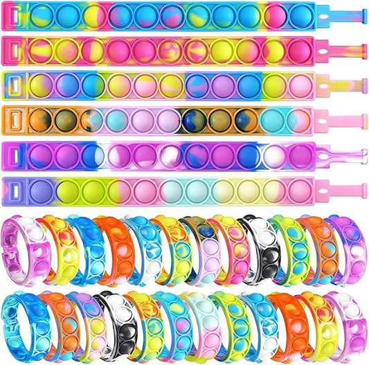 50 Pcs Random Pop Fidget Toy Fidget Bracelet, Wearable Push Poping Bubble Sensory Toys Stress Relief Finger Press Silicone Wristband for Kids and Adults ADHD ADD Autism Anxiety