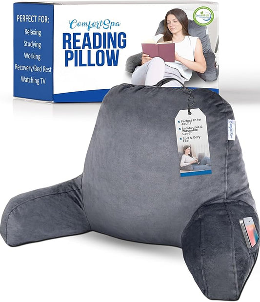 ComfortSpa Reading Pillow for Bed Adult Size, Back Rest Pillow with Arms, Pockets and Washable Cover; Use as a Back Pillow for Bed Sitting Up for Bedrest or Relief from GERD Heartburn (Large Grey)