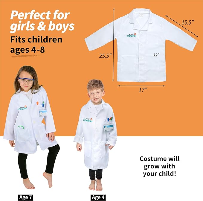 Born Toys Science Kits for Kids w/Kids Lab Coat for Ages 5-8, Includes Science Experiments for Kids, Science Toys, Kids Science Goggles, Kids Science Kits, Dress Up & Pretend Play or Kids Costume