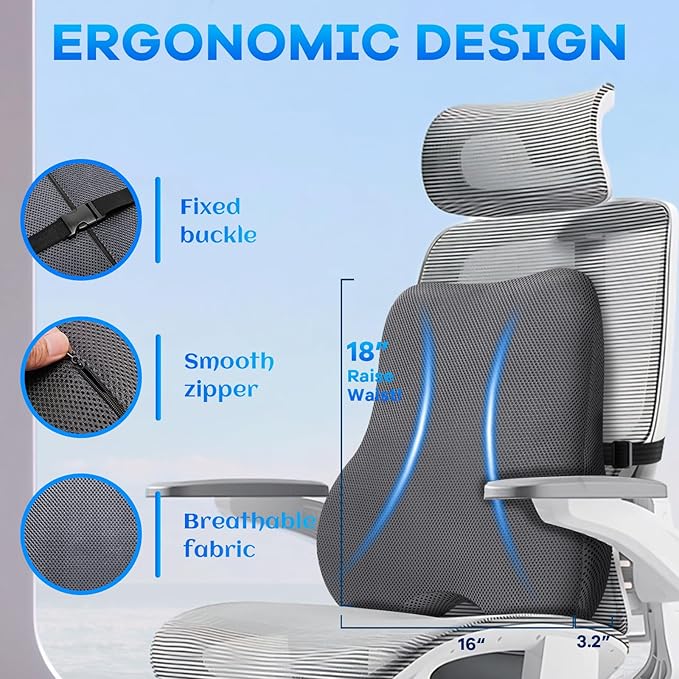 Gel-Infused Desk Chair Cushion & Memory Foam Lumbar Pillow for Sciatica Pain Relief,Breathable Mesh Cover with Non-Slip Base,Adjustable Straps and Portable Handle for Office Seat Cushion,Grey