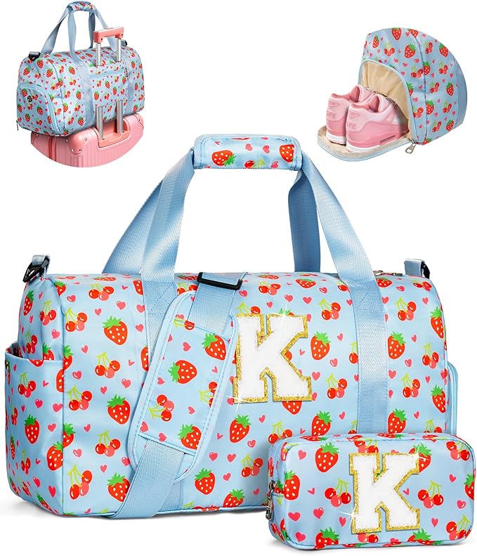 Girl Must Haves - Girl Gym Bag with Shoe Compartment, Kid Personalized Weekender Overnight Bags with Skin Care Pouch, Girly Gifts for 3 4 5 6 7 8 9 10 11 12 Year Old Girls