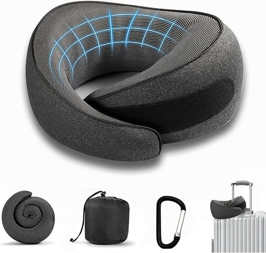 SZXYX Travel Pillows for Airplanes, 100% Pure Memory Foam Neck Pillow for Airplanes, Comfortable Breathable Cover, 360° Support Stowable Pillows for Sleeping, Car, Airport Travel Essentials Black L