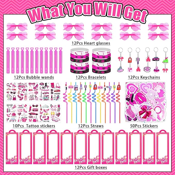 132Pcs Pink Girls Party Favors Pack, Goodie Box Stuffers Includ Heart Glasses Straws Bubble Wands Tattoo Sticker Bracelet Keychain Etc, for Kids Girls Birthday Party decoration Supplies