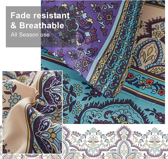 Cottolester Boho Comforter Set Queen Size 8 Piece Bed in a Bag Bohemian Striped Bedding Quilt Set Aqua Paisley Floral Comforter and Sheet Set,Soft Microfiber Complete Bedding Sets for All Season