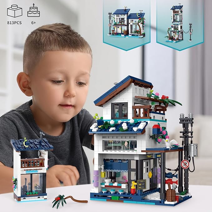 Creative 3 in 1 Vacation Beach House Building Set, Compatible with Lego Friends Seaside Villa, Girls Dream House Construction Educational Toy with Light, Birthday Gift for Kids Aged 6-12 (813 PCS)