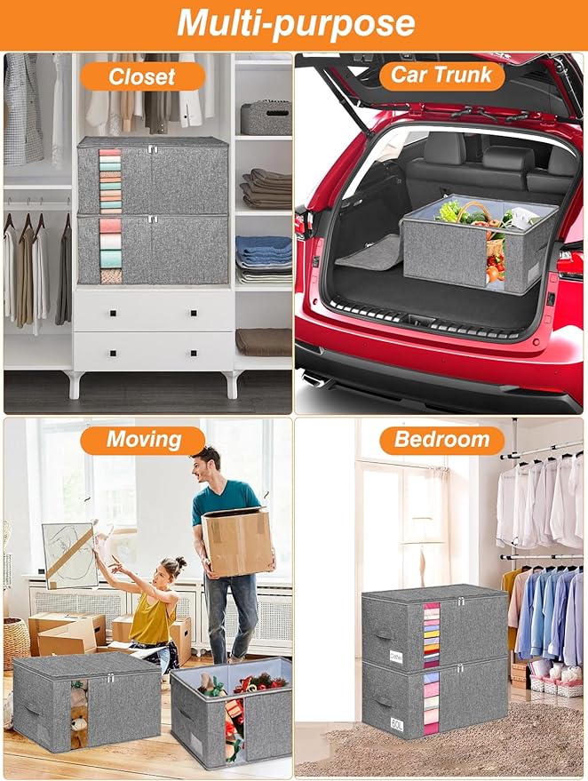 60L Blanket/Comforter Storage Bag w/Rigid Side & Bottom Support, Stackable Clothes Storage Bin for Sweaters Bedding Sets Quilts Pillows, Closet Organizer, 21.7x14.2x11.8in, 2 Pack, Gray