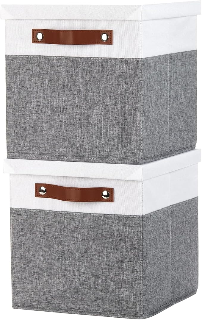 Temary Foldable Fabric Storage Bins with Lids, 2-Pack Storage Bin for Organizing Living Room, Closet Organization, Multi-Purpose Storage Boxes for Clothes (White&Grey, 10.5x10.5x10.5in)