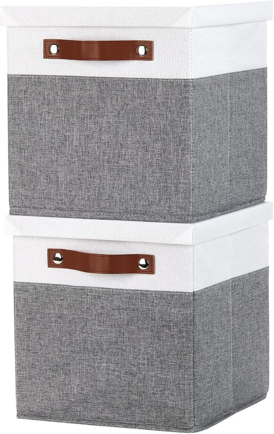 Temary Foldable Fabric Storage Bins with Lids, 2-Pack Storage Bin for Organizing Living Room, Closet Organization, Multi-Purpose Storage Boxes for Clothes (White&Grey, 10.5x10.5x10.5in)