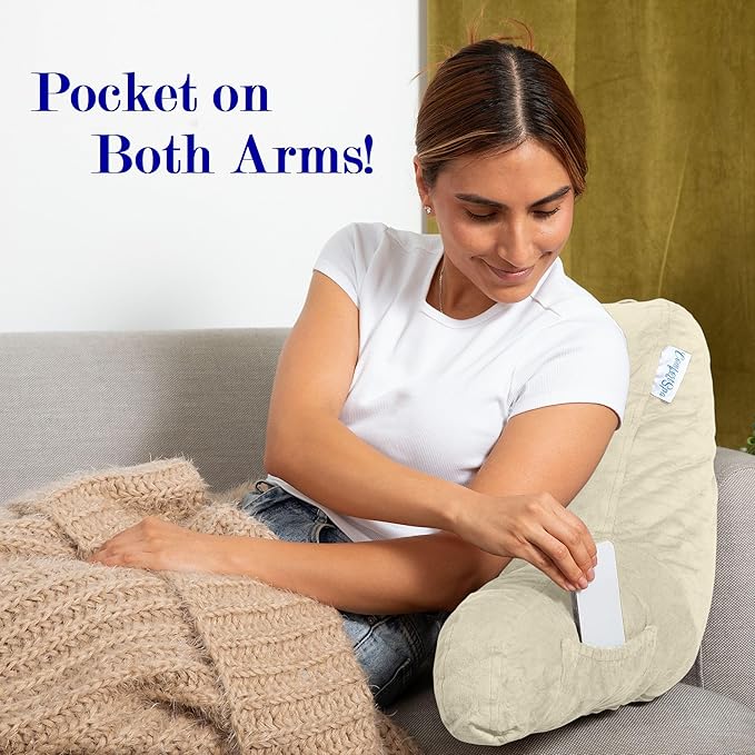 ComfortSpa Reading Pillow for Kids Teens Adult, Back Rest Pillow with Arms, Pockets, Washable Cover; Use as a Back Pillow for Bed Sitting Up for Bedrest or Relief from GERD Heartburn (Standard Cream)