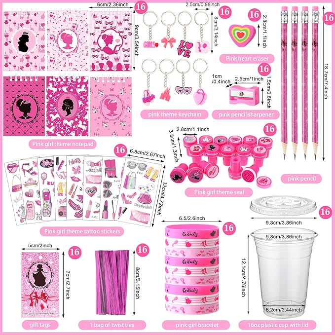 Colarr 161 Pcs Hot Pink Princess Party Favors School Stationery Set Includes Gift Cup Notebook Pencil Sharpener Eraser Keychain Stamp Slap Bracelet Sticker Card Valentine's Day Gift for Child Supplies