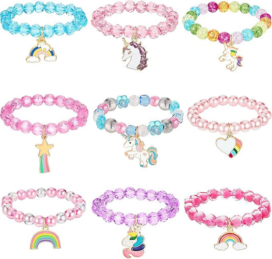 Hicarer 9 Pieces Unicorn Girls Bracelets for Toddler Little Girls Rainbow Bracelets Princess Colorful Cute Beaded Jewelry for Gift Goodie Bag Stuffers Birthday Party Favors(Fresh Style)