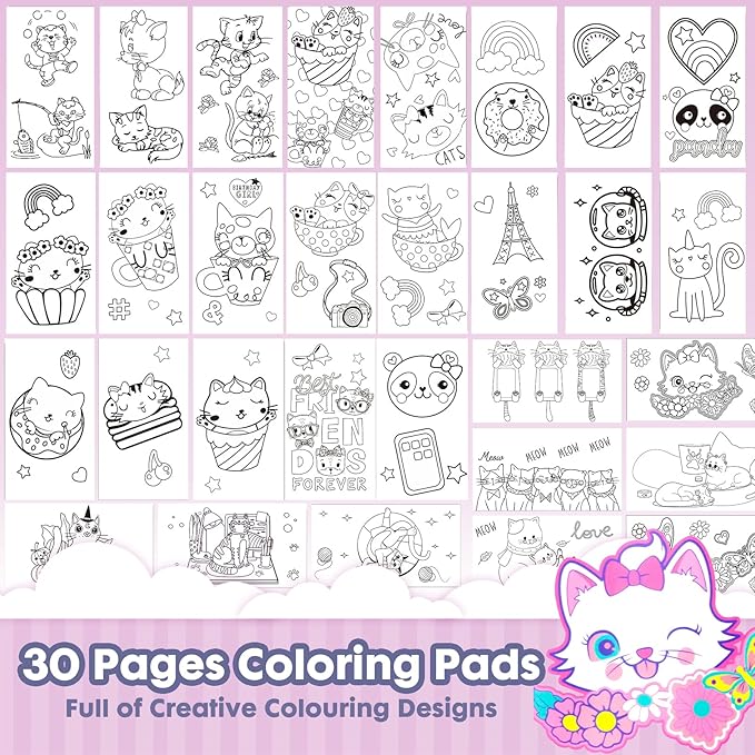 Cat Coloring Book Set with Coloring Pages & Colored Pencils, Art Supplies for Kids Ages 4-6-8, Arts Crafts Travel Coloring Kit for Girls 4 5 6 7 8 Year Old Birthday Gift