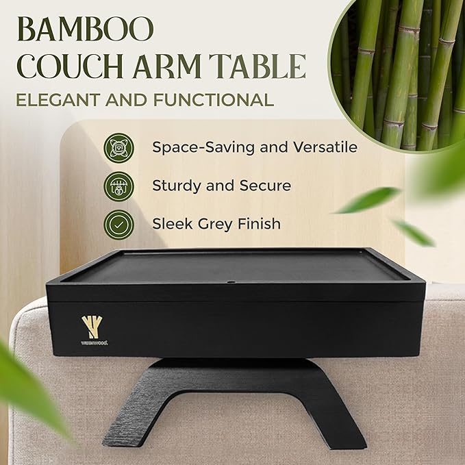 Bamboo Couch Arm Table, Sofa Arm Tray, 360 Rotating Table, Clip On Side Table for Couch, Perfect Size for Remotes, Storage and Includes 4 Bonus Coasters, 13x9.25x2.5in, Black