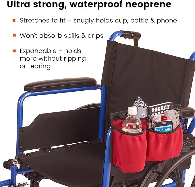 High Road Wheelchair Side Bag - Stretch Neoprene Walker Pouch with Insulating Cup Holder and 2 Storage Pockets