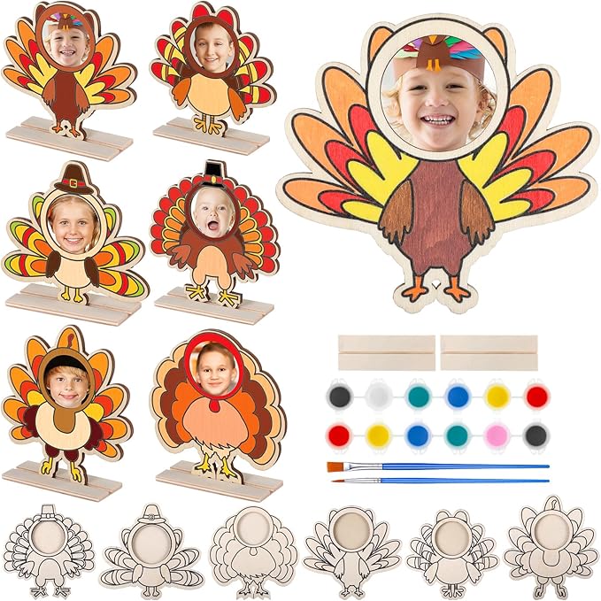 Jetec 12 Sets Thanksgiving Turkey Craft for Kids Color Your Own Thanksgiving Wooden Picture Frame Craft DIY Thanksgiving Turkey Wood Decorations Craft for Classroom Home Activities Party Favor Gifts
