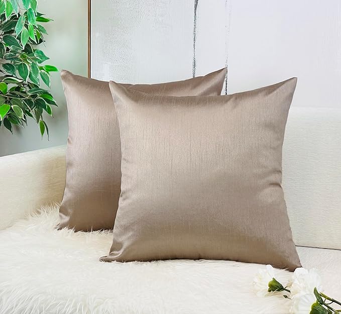 Aiking Home 18x18 Inches Faux Silk Square Throw Pillow Cover, Zipper Closure, Sand (Set of 2)